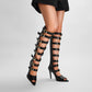 <tc>Black Open Toe Buckles Stiletto Heels Summer Knee High Boots</tc>