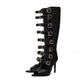 <tc>Black Open Toe Buckles Stiletto Heels Summer Knee High Boots</tc>