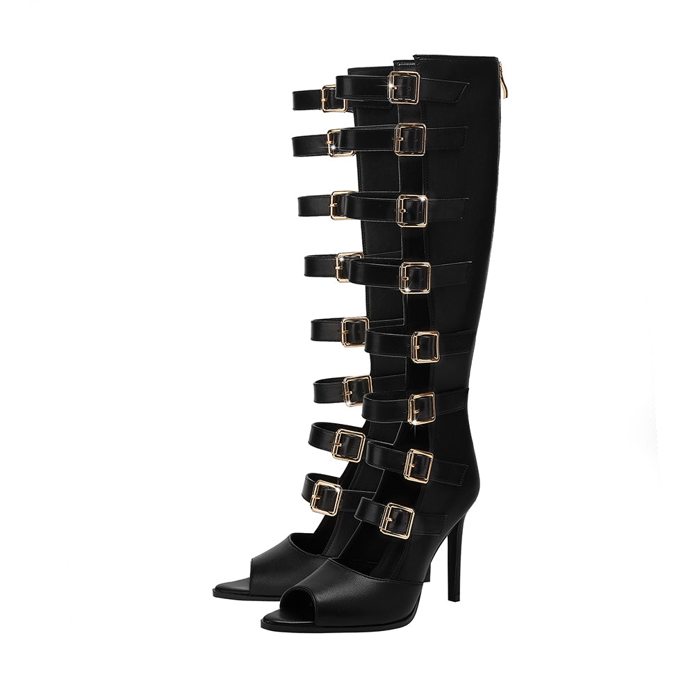 <tc>Black Open Toe Buckles Stiletto Heels Summer Knee High Boots</tc>