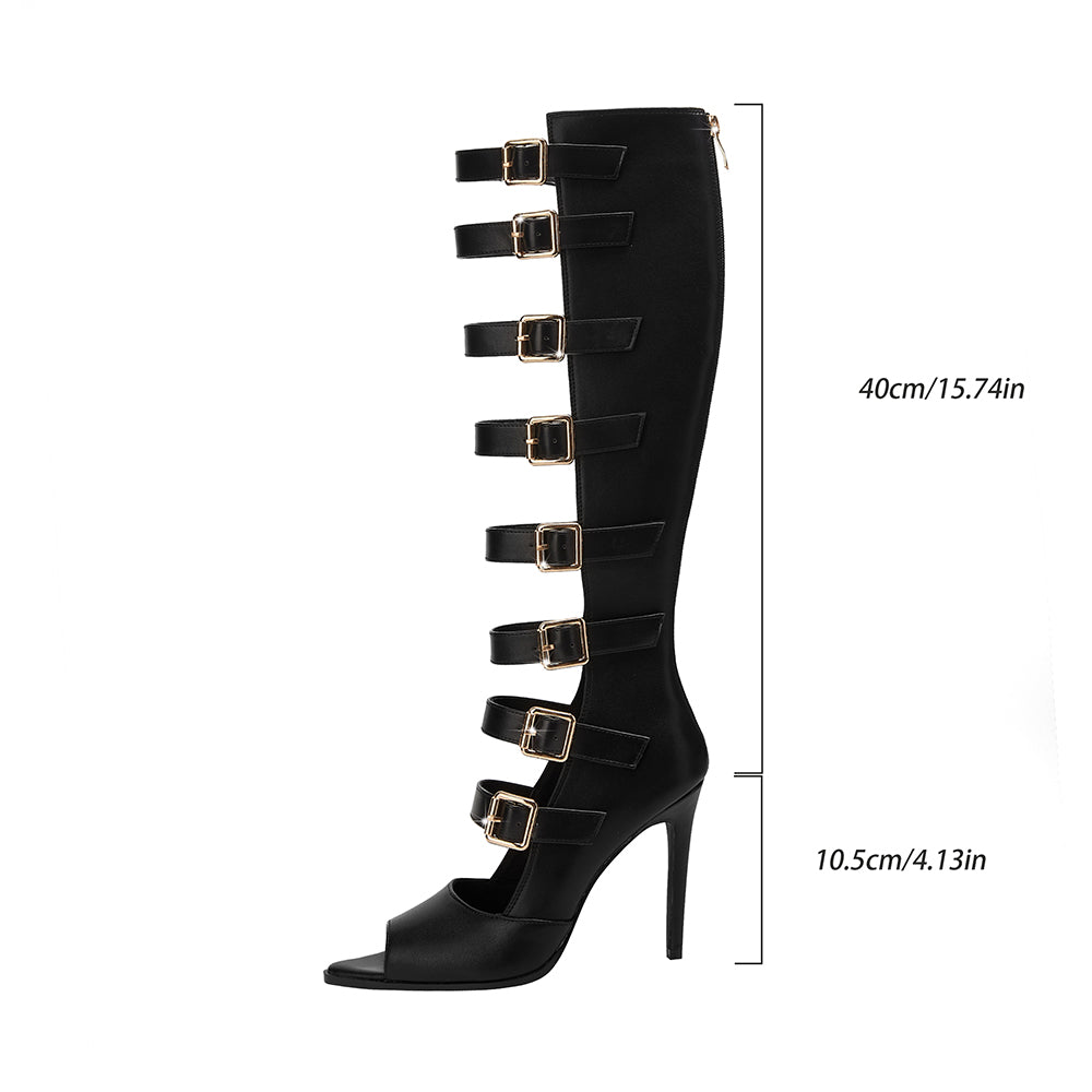 <tc>Black Open Toe Buckles Stiletto Heels Summer Knee High Boots</tc>