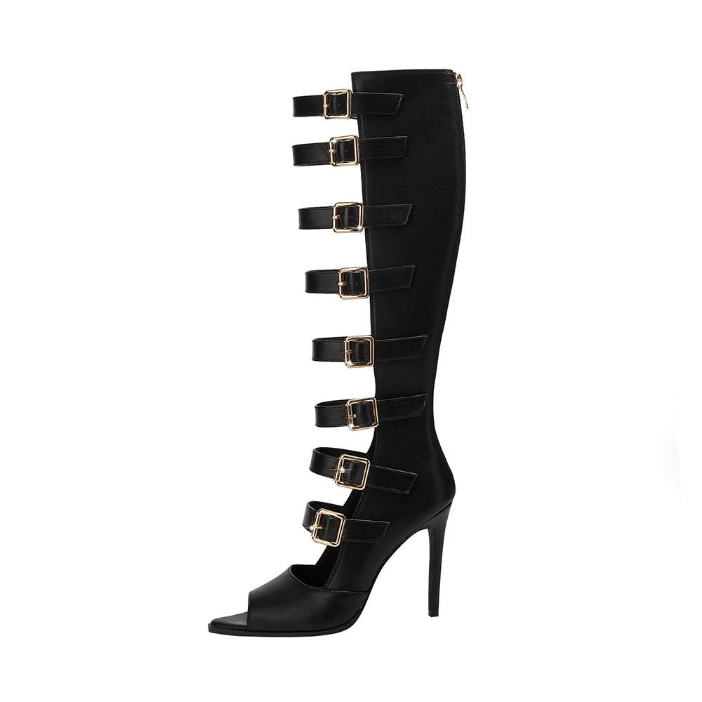 <tc>Black Open Toe Buckles Stiletto Heels Summer Knee High Boots</tc>