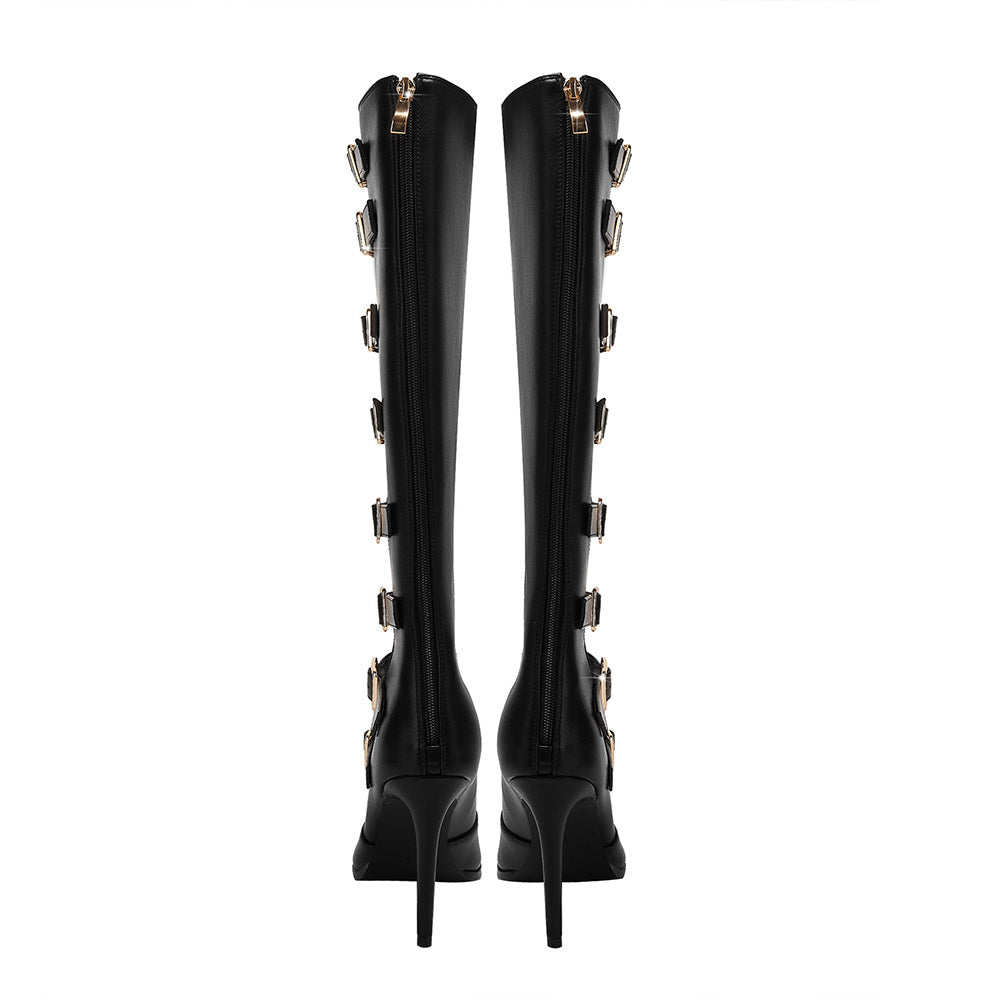 <tc>Black Open Toe Buckles Stiletto Heels Summer Knee High Boots</tc>