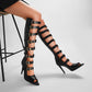 <tc>Black Open Toe Buckles Stiletto Heels Summer Knee High Boots</tc>