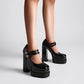 Black Patent Leather Almond Toe Platform Chunky Heel Mary Jane Pumps