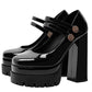 Black Patent Leather Almond Toe Platform Chunky Heel Mary Jane Pumps