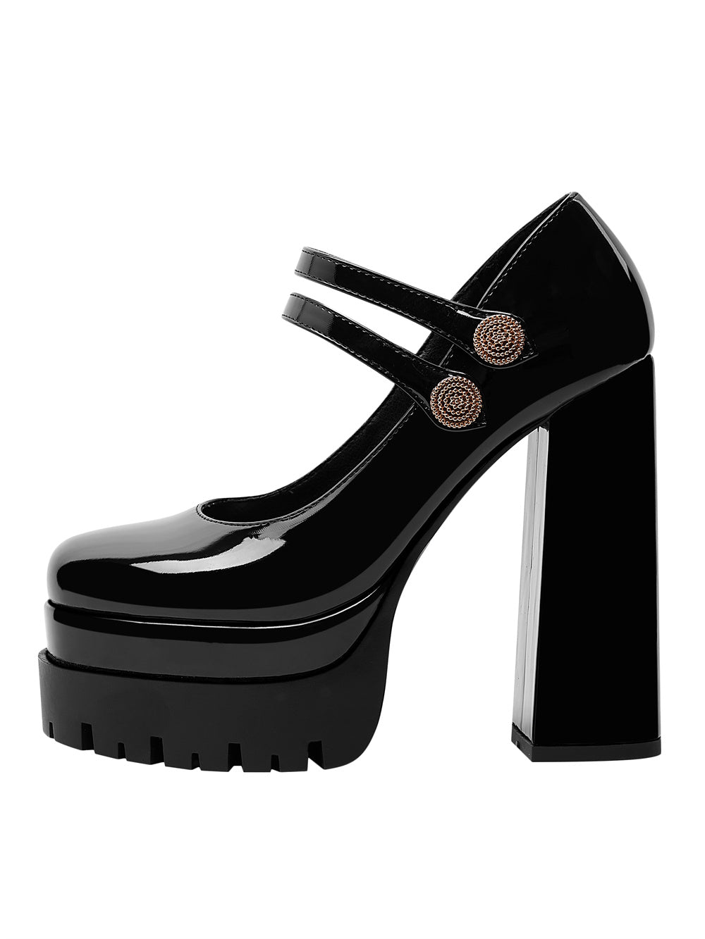 Black Patent Leather Almond Toe Platform Chunky Heel Mary Jane Pumps