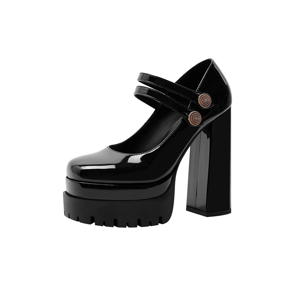 Black Patent Leather Almond Toe Platform Chunky Heel Mary Jane Pumps