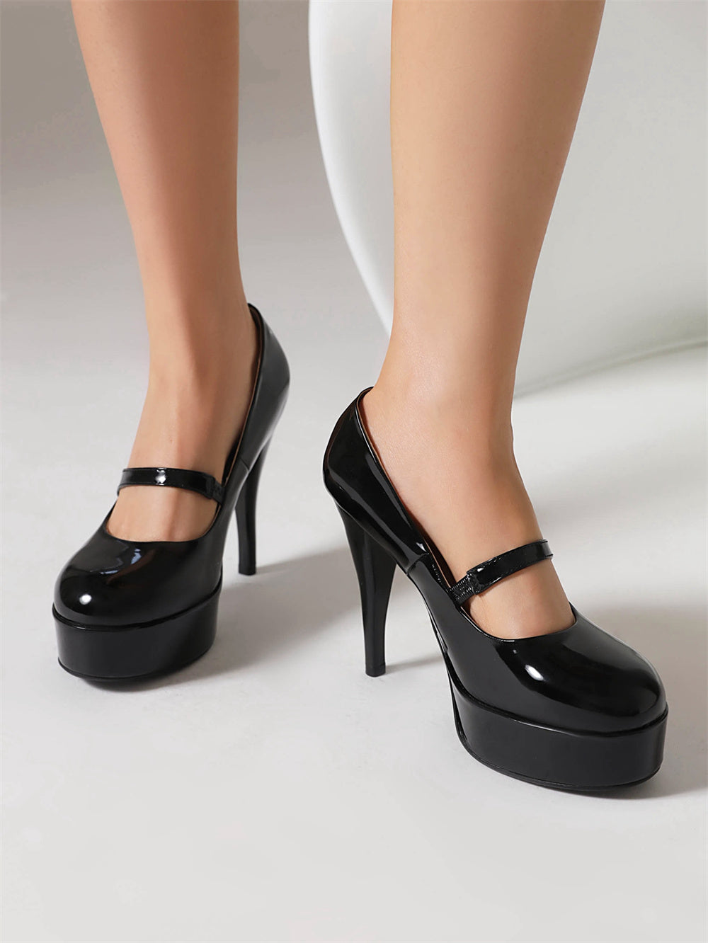 Black Patent Leather Almond Toe Stiletto Heel Mary Jane Pumps