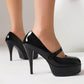 Black Patent Leather Almond Toe Stiletto Heel Mary Jane Pumps