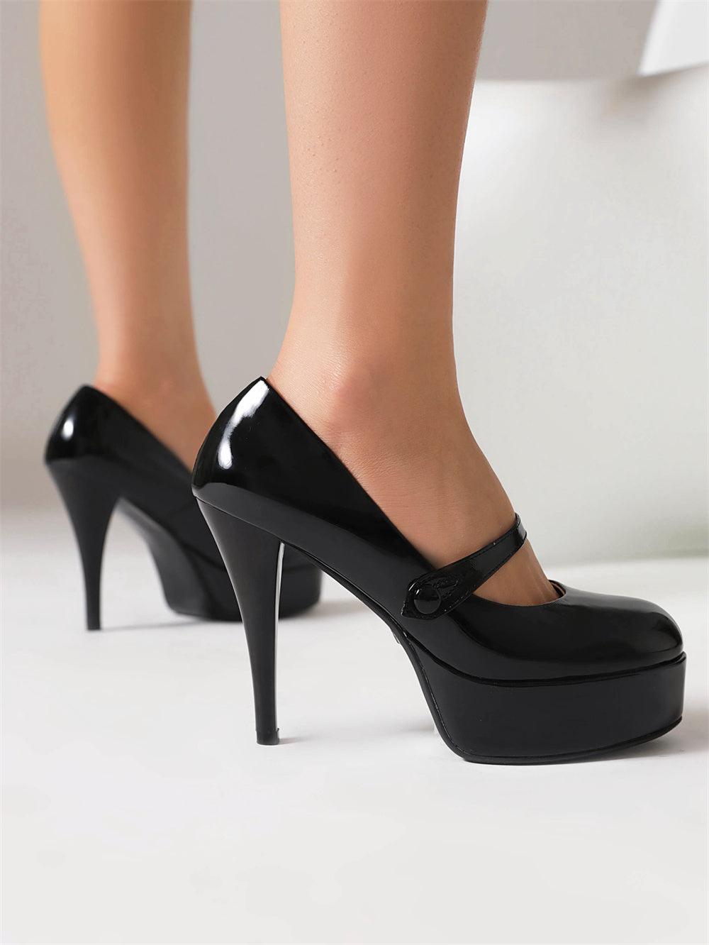 Black Patent Leather Almond Toe Stiletto Heel Mary Jane Pumps