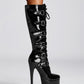 Black Patent Leather Buckle Lace Up Platform Boots Stiletto Heel Knee High Booties