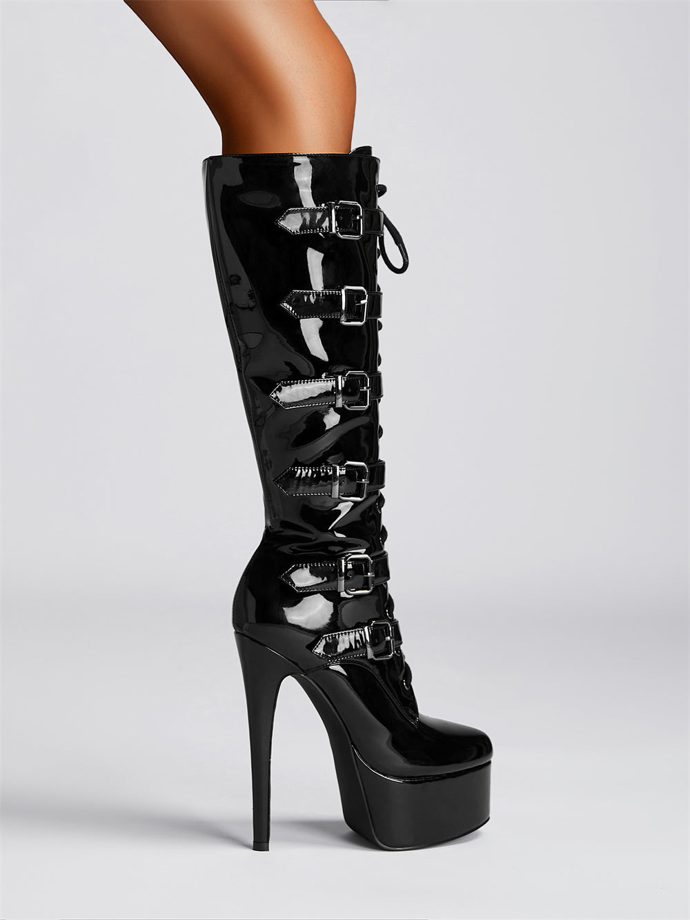 Black Patent Leather Buckle Lace Up Platform Boots Stiletto Heel Knee High Booties