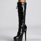 Black Patent Leather Buckle Lace Up Platform Boots Stiletto Heel Knee High Booties