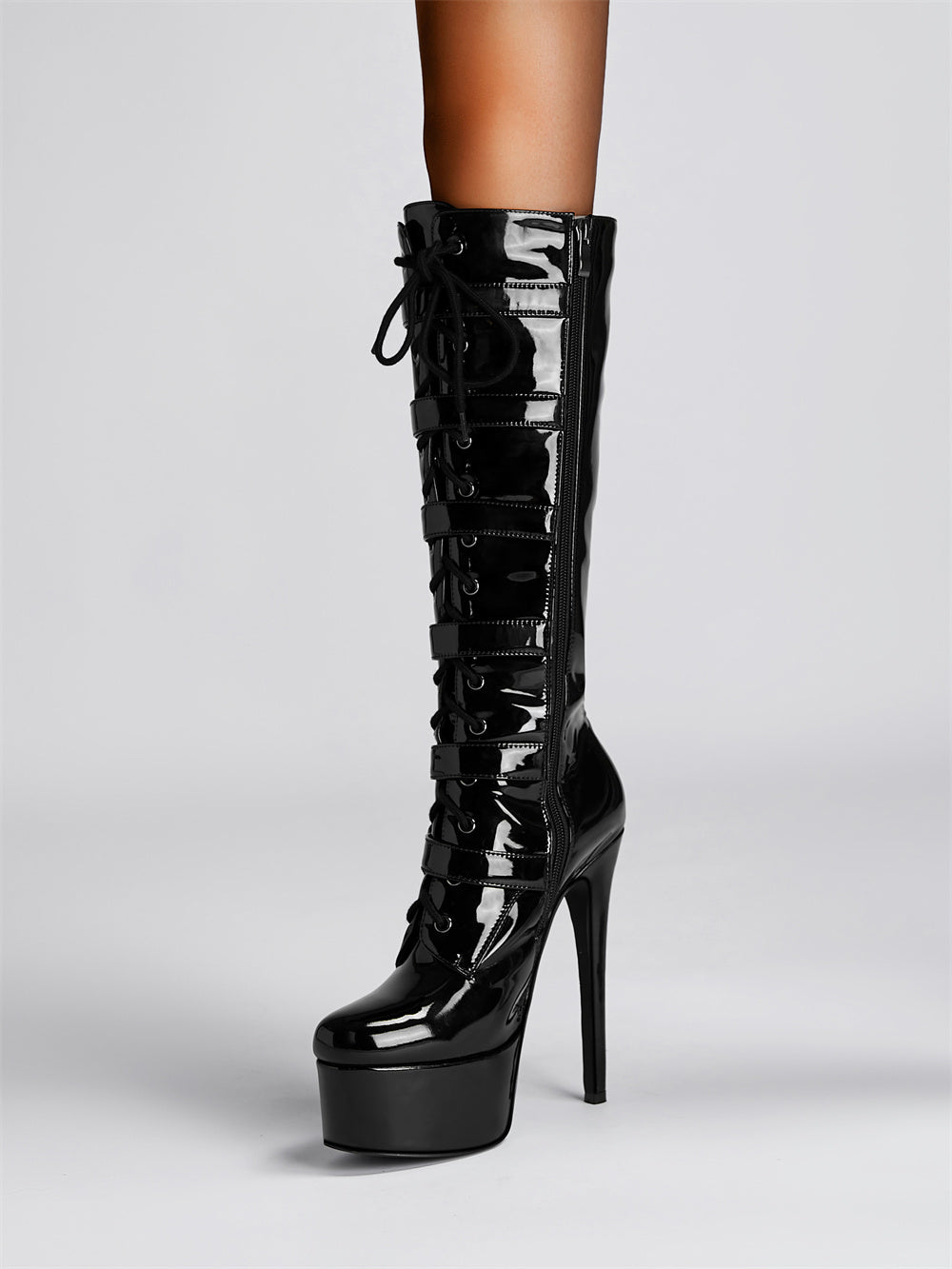 Black Patent Leather Buckle Lace Up Platform Boots Stiletto Heel Knee High Booties