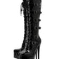 Black Patent Leather Buckle Lace Up Platform Boots Stiletto Heel Knee High Booties