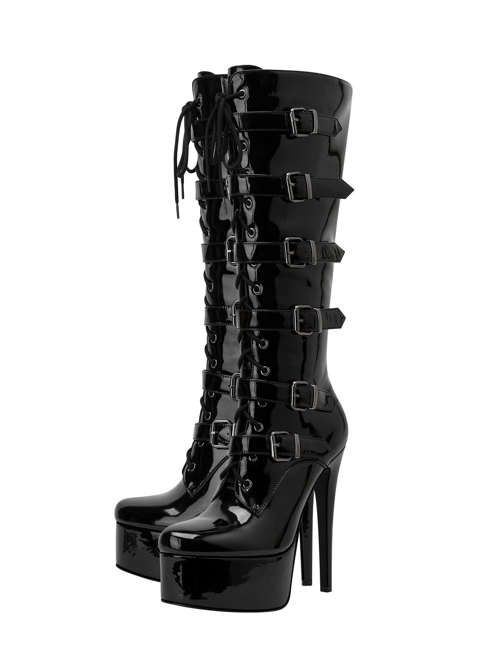 Black Patent Leather Buckle Lace Up Platform Boots Stiletto Heel Knee High Booties