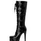 Black Patent Leather Buckle Lace Up Platform Boots Stiletto Heel Knee High Booties