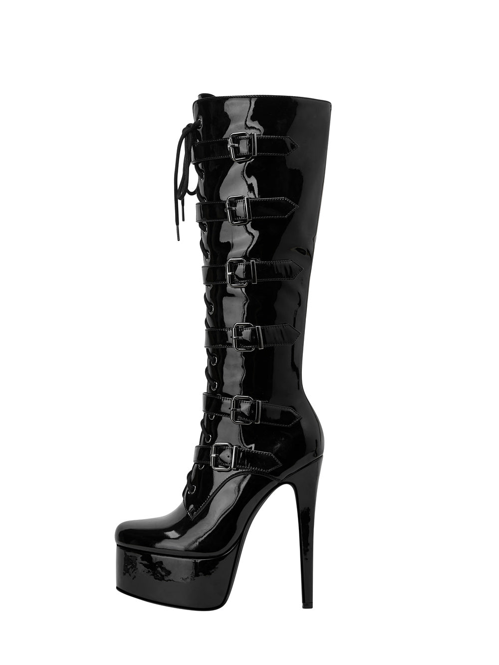 Black Patent Leather Buckle Lace Up Platform Boots Stiletto Heel Knee High Booties