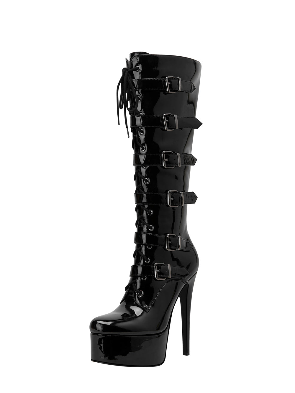 Black Patent Leather Buckle Lace Up Platform Boots Stiletto Heel Knee High Booties