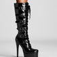 Black Patent Leather Buckle Lace Up Platform Boots Stiletto Heel Knee High Booties