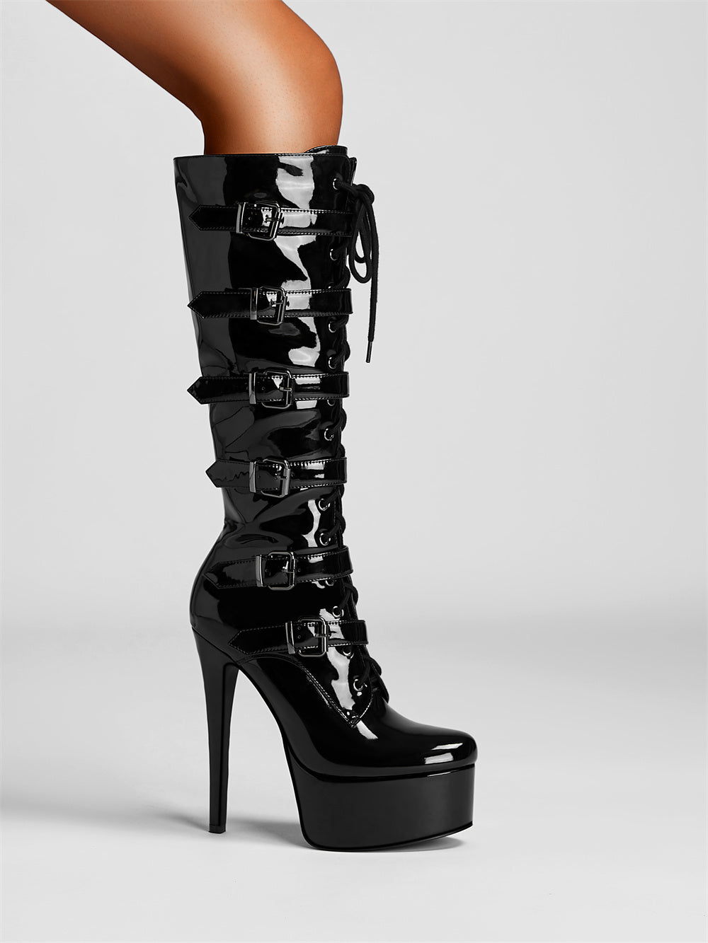 Black Patent Leather Buckle Lace Up Platform Boots Stiletto Heel Knee High Booties