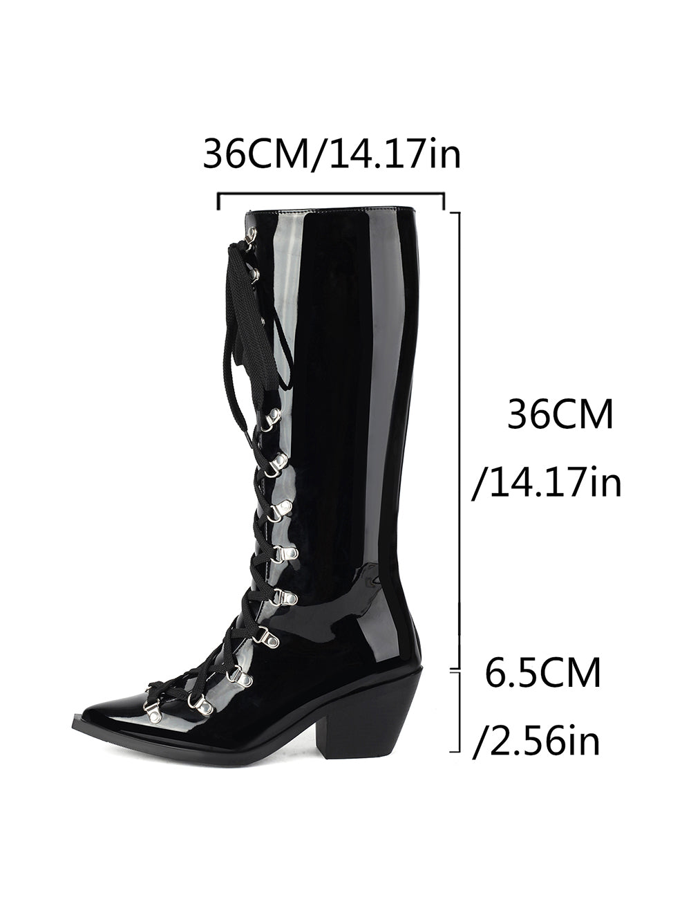 <tc>White Patent Leather Pointed Toe Block Heel Lace up Knee High Boots</tc>