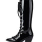 <tc>Black Patent Leather Pointed Toe Block Heel Lace up Knee High Boots</tc>