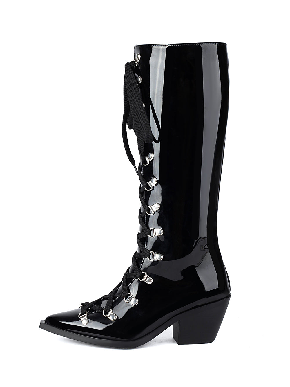 <tc>Black Patent Leather Pointed Toe Block Heel Lace up Knee High Boots</tc>