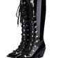 <tc>Black Patent Leather Pointed Toe Block Heel Lace up Knee High Boots</tc>