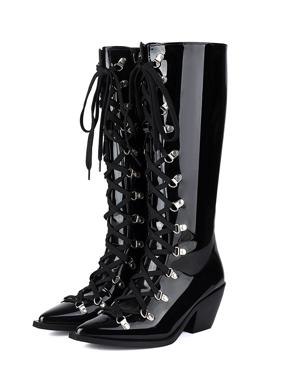 <tc>Black Patent Leather Pointed Toe Block Heel Lace up Knee High Boots</tc>