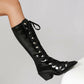 <tc>Black Patent Leather Pointed Toe Block Heel Lace up Knee High Boots</tc>