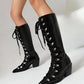 <tc>Black Patent Leather Pointed Toe Block Heel Lace up Knee High Boots</tc>