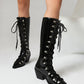 <tc>Black Patent Leather Pointed Toe Block Heel Lace up Knee High Boots</tc>