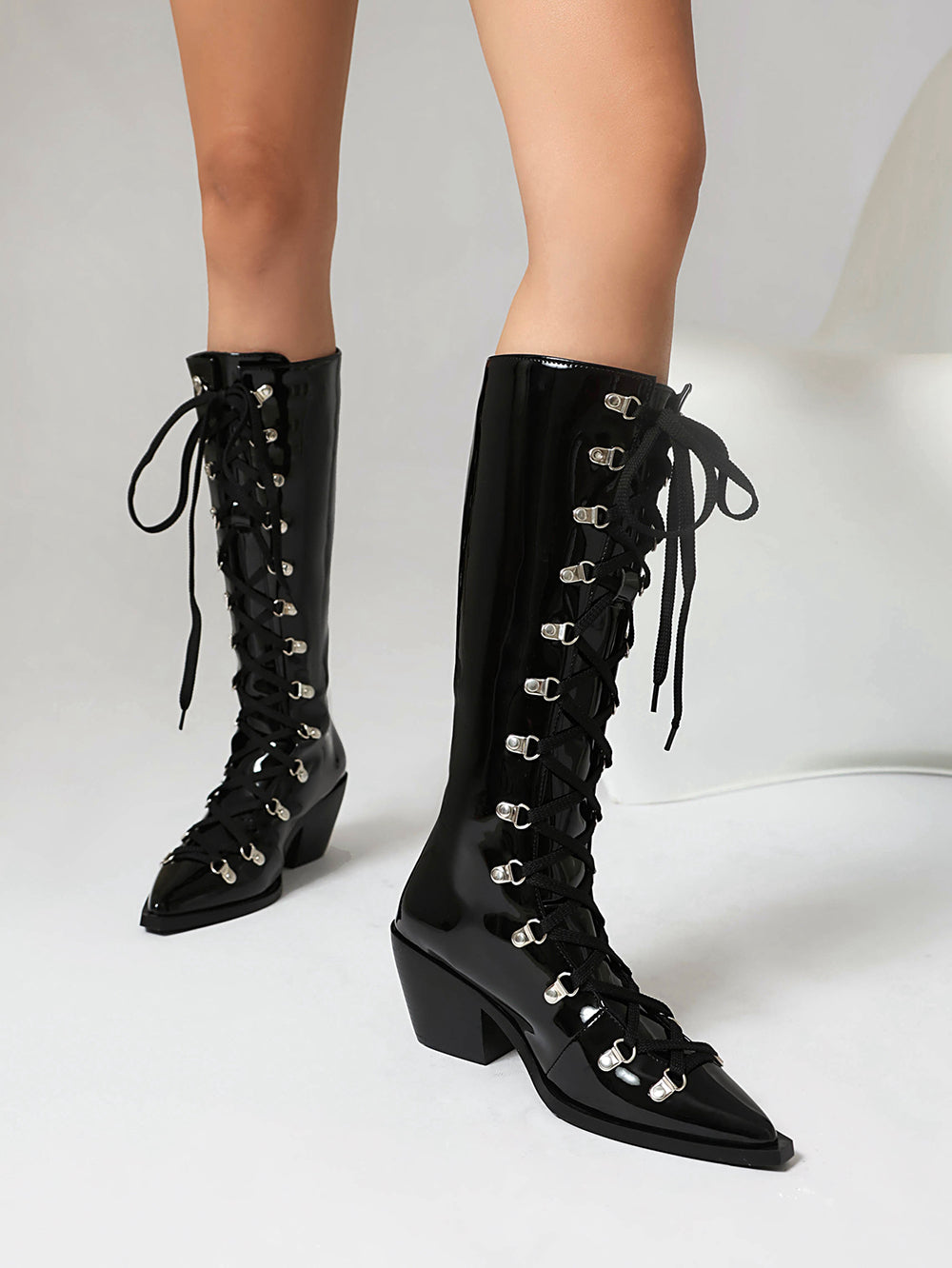 <tc>Black Patent Leather Pointed Toe Block Heel Lace up Knee High Boots</tc>