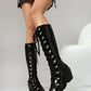 <tc>Black Patent Leather Pointed Toe Block Heel Lace up Knee High Boots</tc>