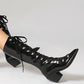 <tc>Black Patent Leather Pointed Toe Block Heel Lace up Knee High Boots</tc>