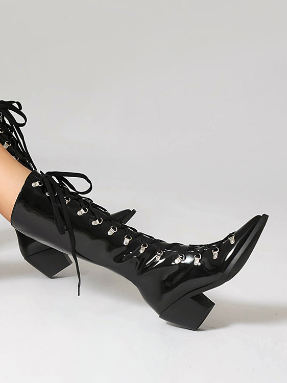 <tc>Black Patent Leather Pointed Toe Block Heel Lace up Knee High Boots</tc>