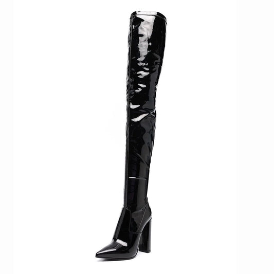 Black Patent Leather Pointed Toe Chunky Heel Over the Knee Boots