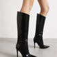 Black patent leather point toe stiletto heel knee-high boots