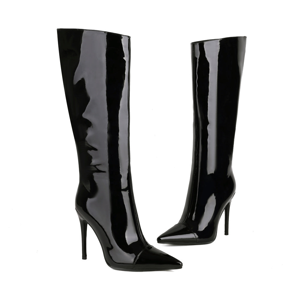 Black patent leather point toe stiletto heel knee-high boots