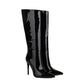 Black patent leather point toe stiletto heel knee-high boots