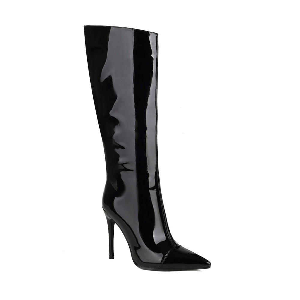 Black patent leather point toe stiletto heel knee-high boots