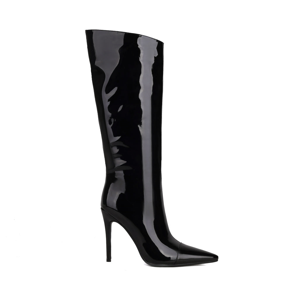 Black patent leather point toe stiletto heel knee-high boots