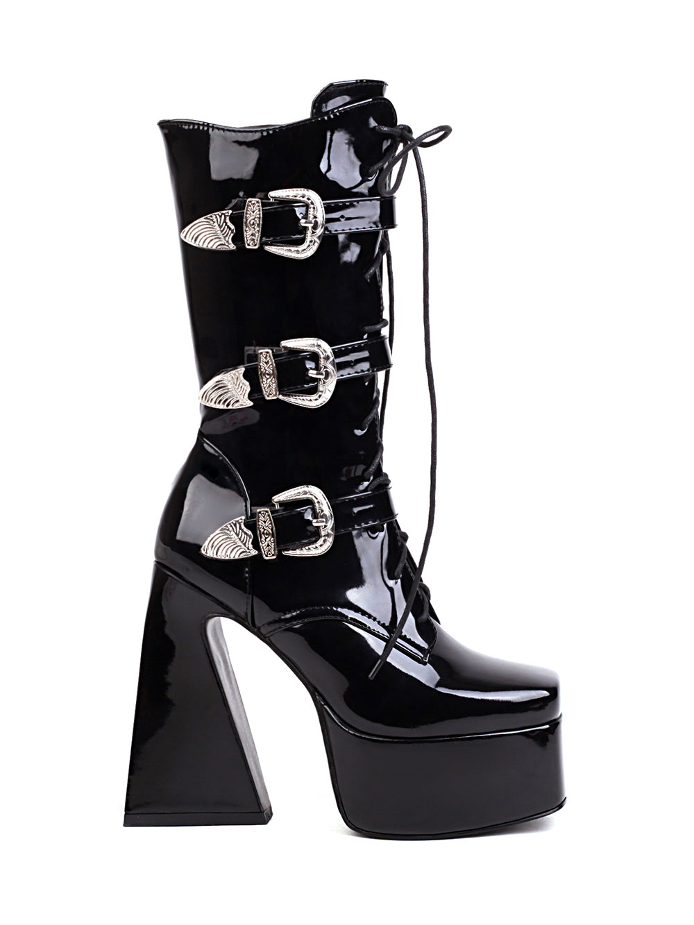 <tc>Black Patent Leather Square Toe Block Heel Buckles Lace up Platform Ankle Boots</tc>