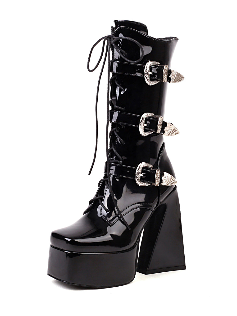 <tc>Black Patent Leather Square Toe Block Heel Buckles Lace up Platform Ankle Boots</tc>