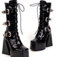 <tc>Black Patent Leather Square Toe Block Heel Buckles Lace up Platform Ankle Boots</tc>