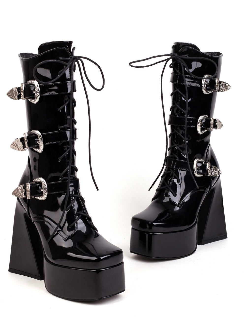 <tc>Black Patent Leather Square Toe Block Heel Buckles Lace up Platform Ankle Boots</tc>