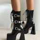 <tc>Black Patent Leather Square Toe Block Heel Buckles Lace up Platform Ankle Boots</tc>