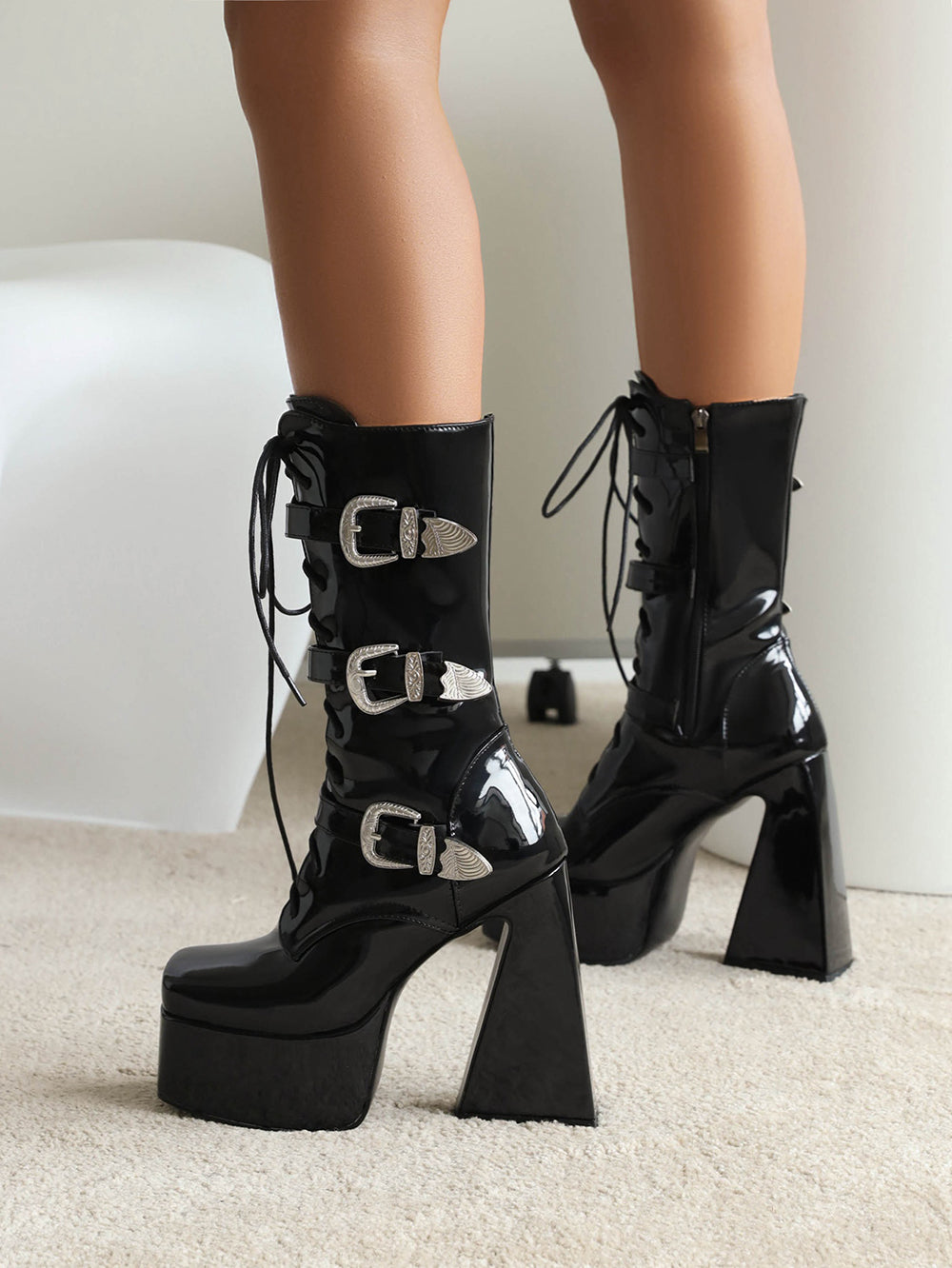 <tc>Black Patent Leather Square Toe Block Heel Buckles Lace up Platform Ankle Boots</tc>