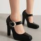 Black Pearl Buckle Chunky Heel Square Toe Mary Jane Pumps